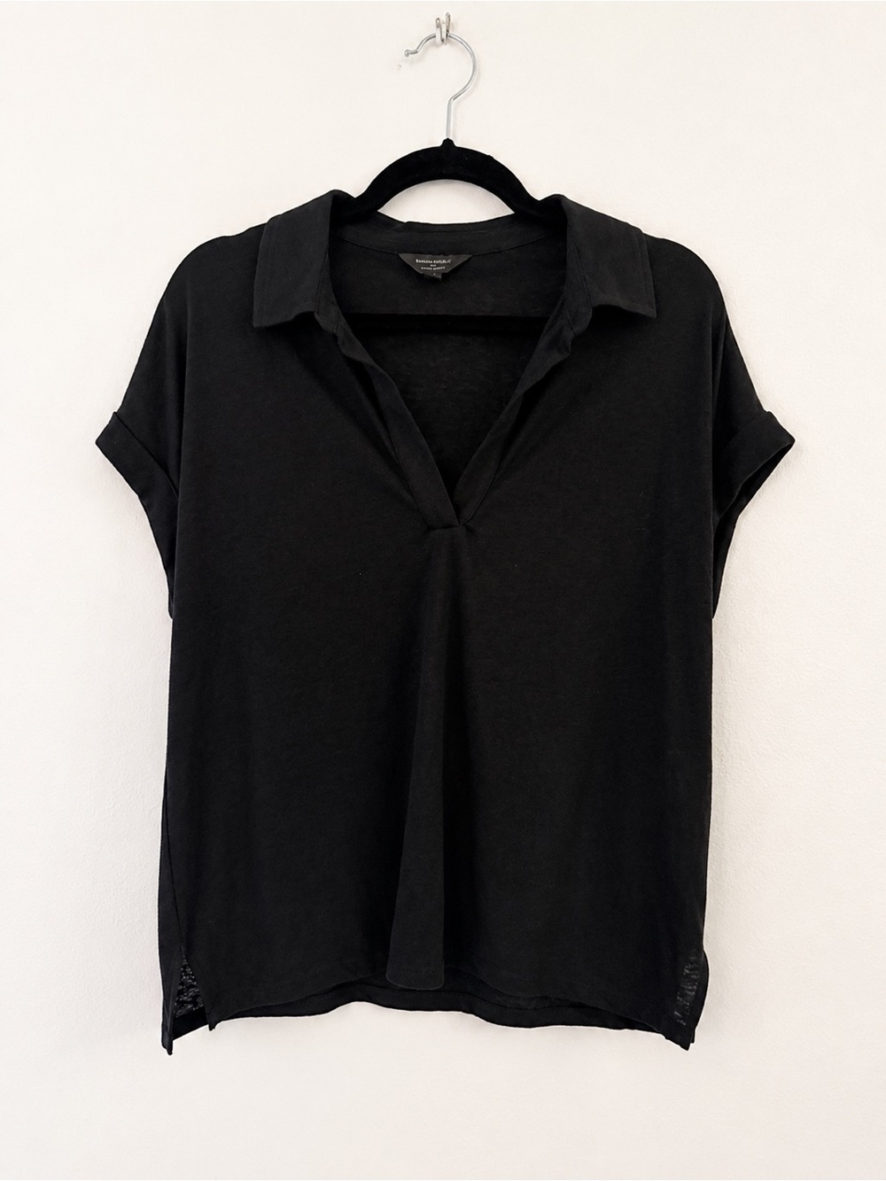 Banana Republic Black Linen Blend Johnny Collar Top Size M